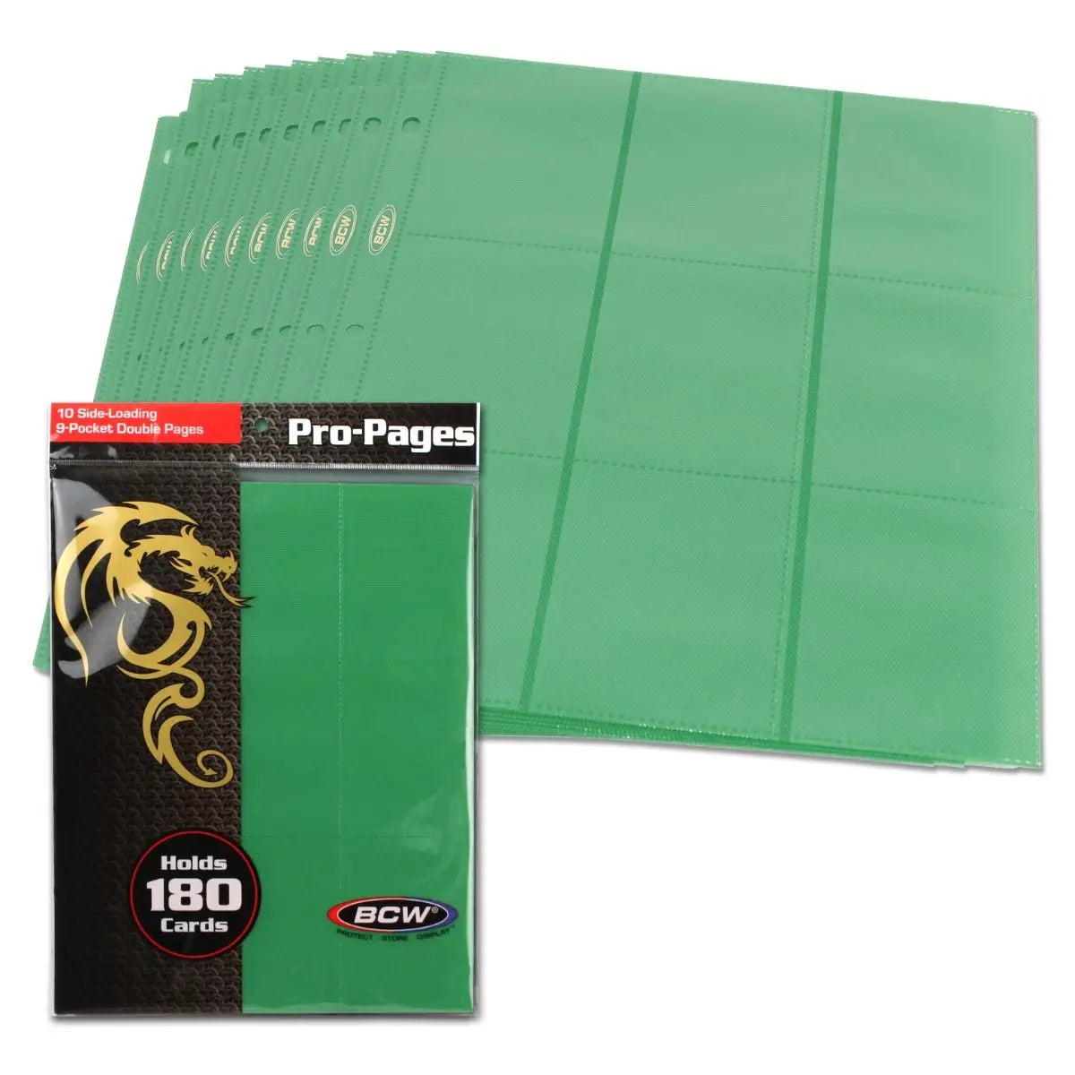 BCW Side-Loading 18-Pocket Pro Pages – Green (10 Pack) - K&N Gaming LLC