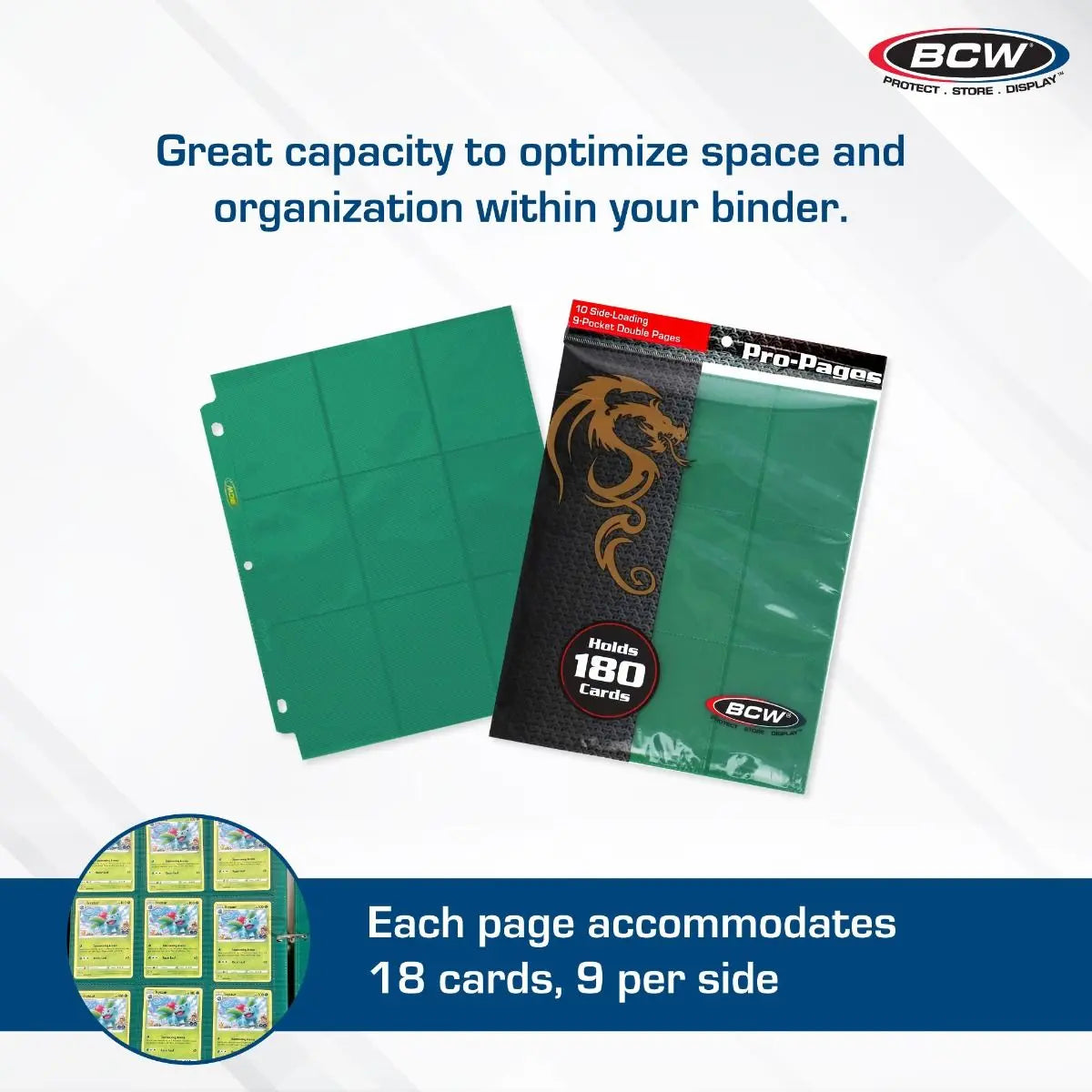 BCW Side-Loading 18-Pocket Pro Pages – Green (10 Pack) - K&N Gaming LLC