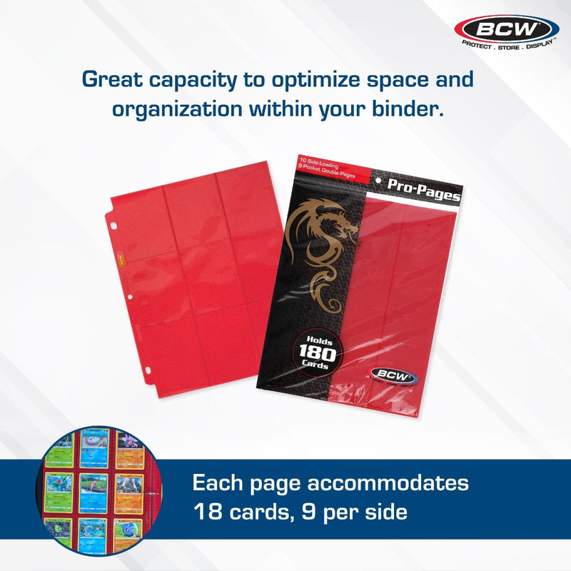 BCW Side-Loading 18-Pocket Pro Pages – Red (10 Pack)