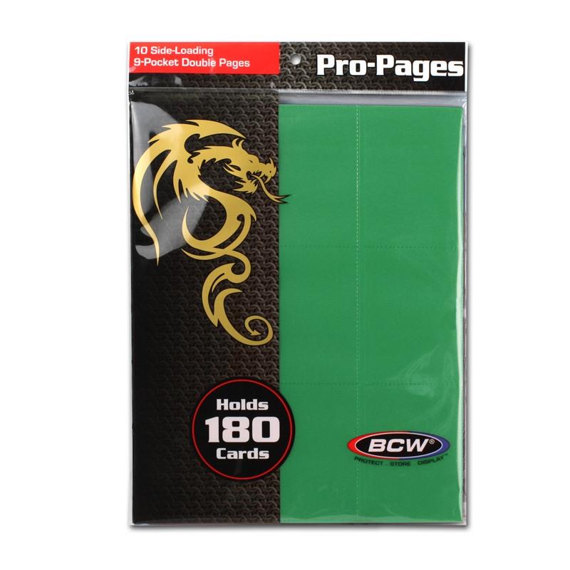 Side-Loading 18-Pocket Pro Pages - 3-Holes, Green (10-Pack)