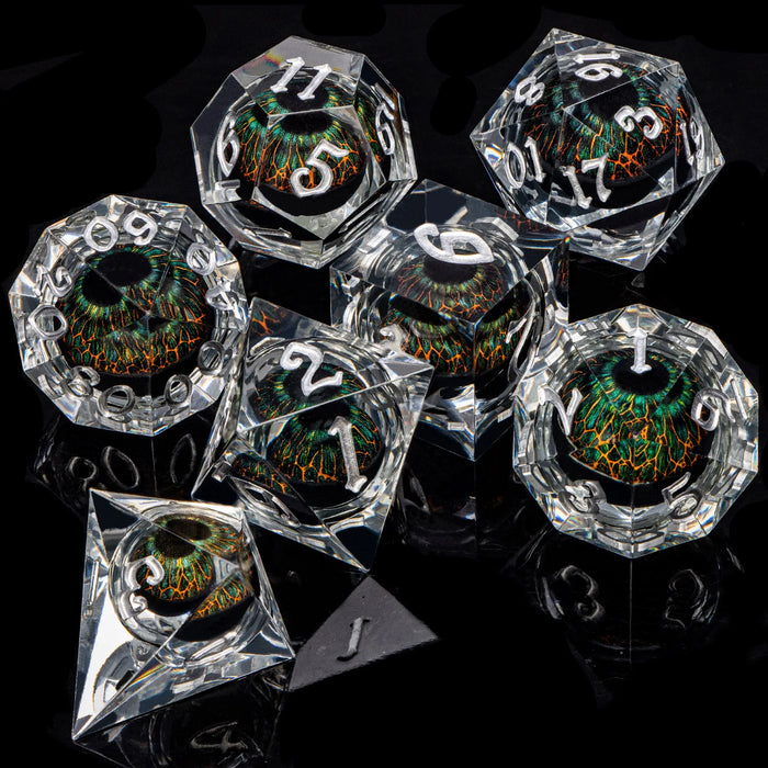 7 Piece Handcrafted Sharp Edged Dice Set With Liquid Core Eyeball