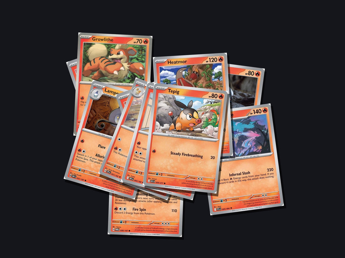pokemon fire card lot 50 cards no duplicates – pile view