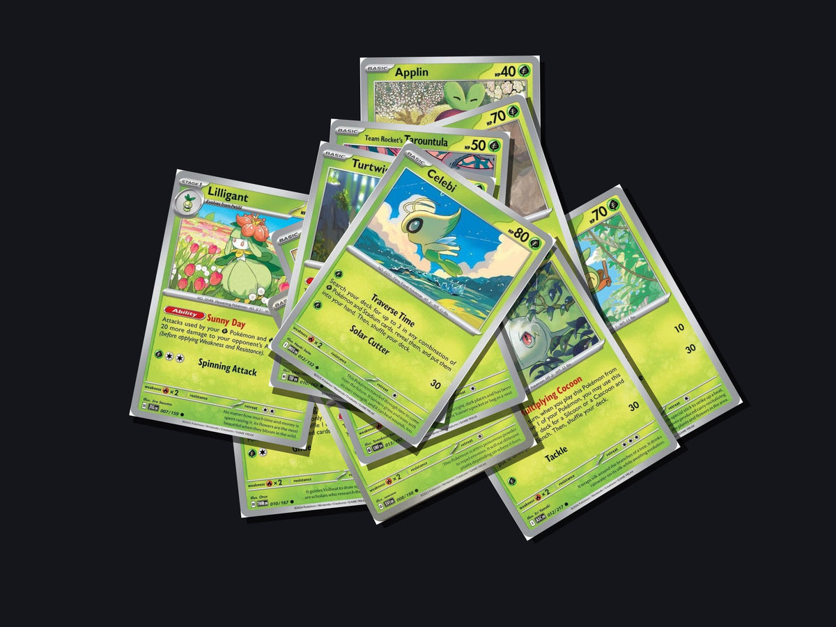 pokemon grass card lot 50 cards no duplicates – pile view