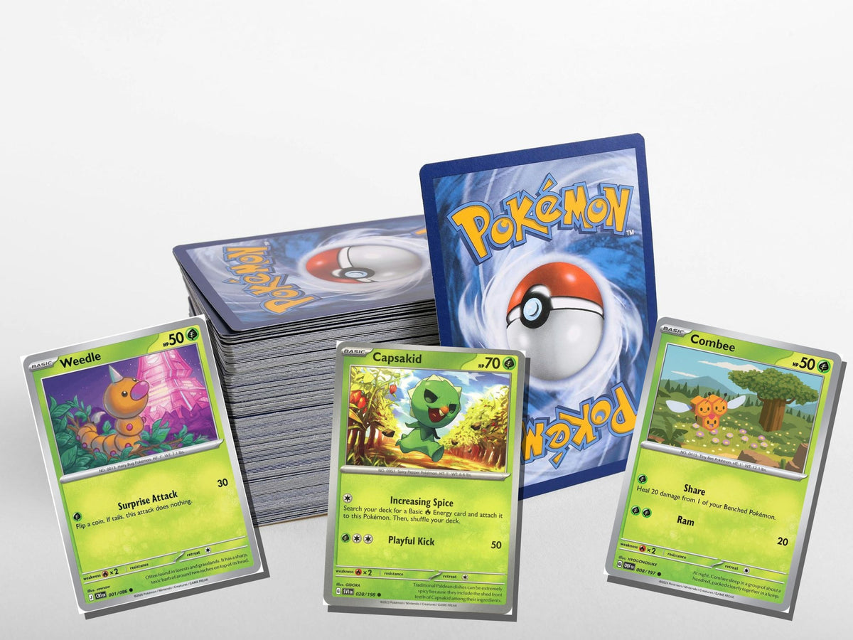 pokemon grass card lot 50 cards no duplicates – stack view