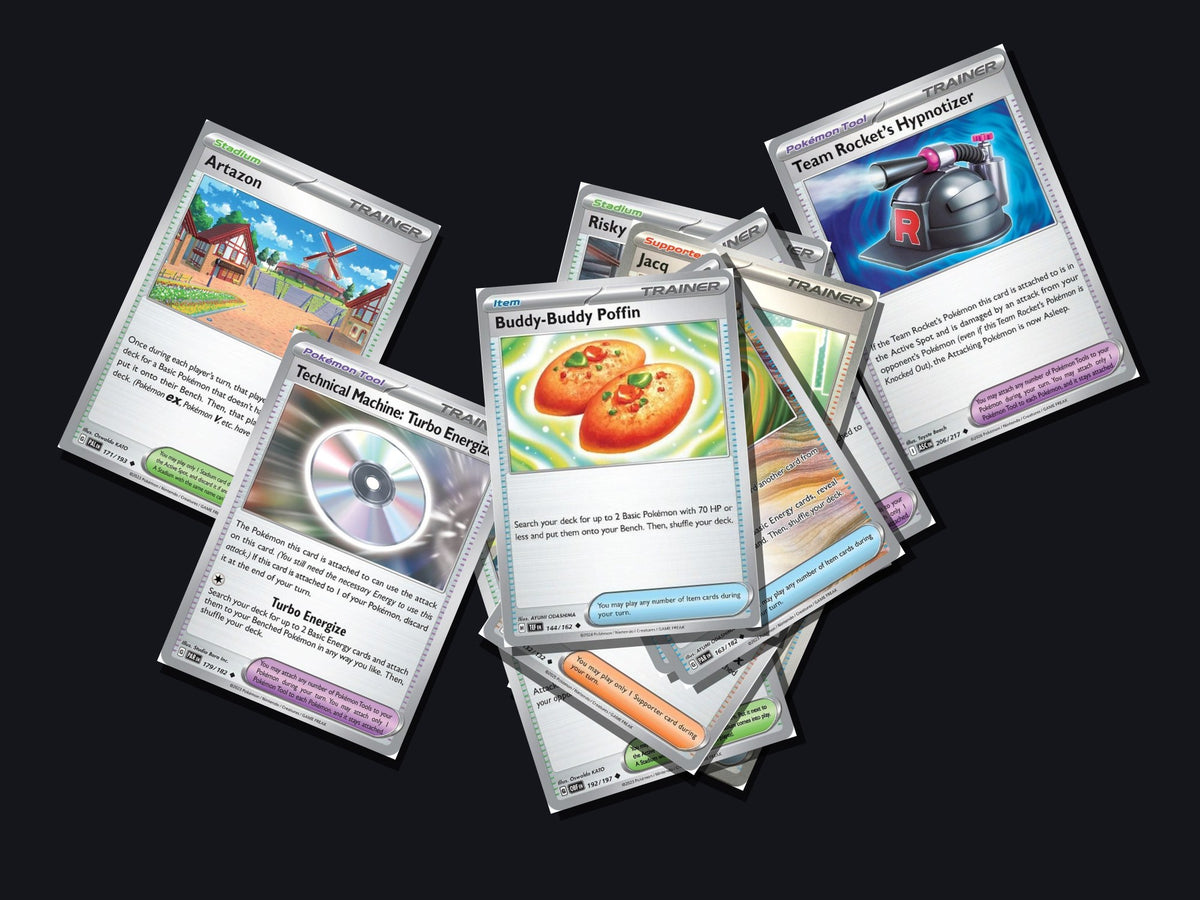 pokemon trainer card lot 50 cards no duplicates – pile view